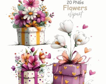 Clipart de flores en caja de regalo: Ilustración floral primaveral - Fondo transparente (Descarga digital - 20 PNG)