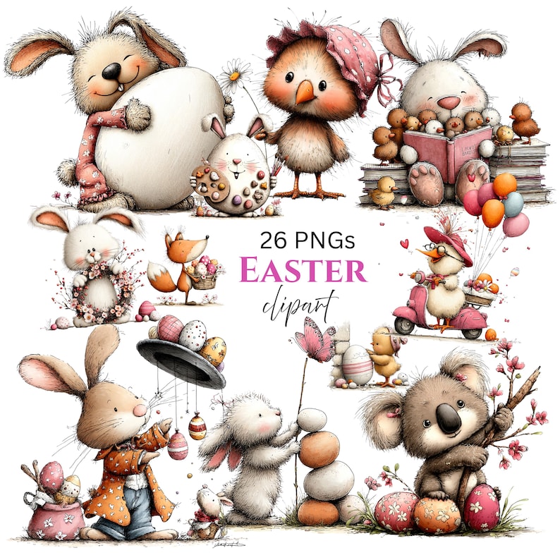 Whimsical Easter Clipart: Bunny Eggs Graphics (Digital Download - 26 PNGs)

A cheerful collection of Easter clipart illustrations designed to bring soft spring magic to any creative project. Each element is crafted with gentle colors, playful details, and a whimsical touch: bunnies with bright expressions, fluffy chicks, decorated eggs, spring flowers, and sweet seasonal accents.