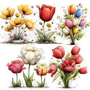 Puede incluir: Ilustración en acuarela de varias flores coloridas, incluyendo amapolas amarillas, tulipanes rojos y ramos de colores mixtos. La obra presenta pétalos detallados, hojas verdes y pequeños insectos, con un estilo suave y artístico.