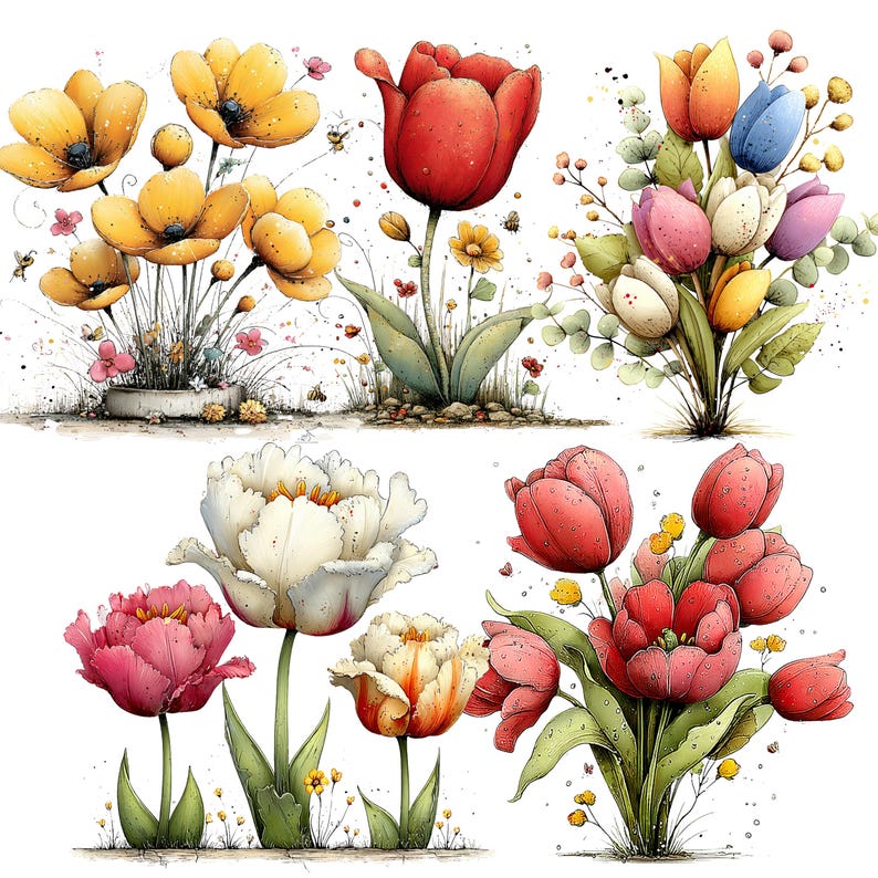 Spring Tulip Flowers Clipart: Whimsical Floral Graphics (Digital Download - 24 PNGs)

A whimsical tulip flowers clipart illustration bursting with playful elegance and fairy-tale charm. The tulips stand tall with gently swaying stems, their rounded petals curling and overlapping in exaggerated, storybook shapes