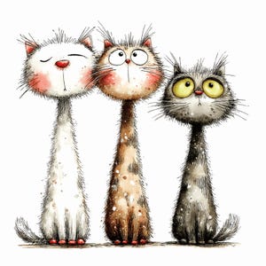 Puede incluir: Una ilustraci&oacute;n digital de tres gatos sentados uno al lado del otro. El gato de la izquierda es blanco con mejillas rosadas, el del medio es marr&oacute;n y blanco con ojos grandes, y el de la derecha es gris oscuro con grandes ojos amarillos.