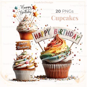 Op de afbeelding: Digitale illustratie van drie cupcakes met kleurrijke frosting en sprinkles. Elke cupcake heeft een "Happy Birthday" bordje of topper. De afbeelding bevat ook de tekst "20 PNGs Cupcakes".