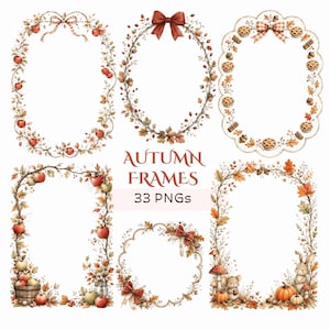 May include: A collection of six decorative autumn-themed frames featuring watercolor illustrations of red apples, fall leaves, acorns, pies, cinnamon sticks, pumpkins, and small woodland animals, with the text AUTUMN FRAMES 33 PNGs in the center.