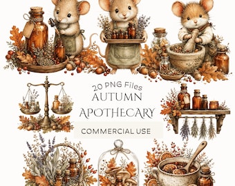 Autumn Apothecary Clipart Bundle: Watercolor Elements - Mice, Amber Bottles, Herbs & Mushrooms, Commercial Use (Digital Download - 20 PNGs)