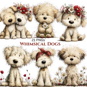 Könnte beinhalten: Eine Sammlung skurriler Hundeillustrationen im Aquarellstil. Die Hunde werden in verschiedenen Posen dargestellt, einige tragen Blumenkränze oder halten Blumen. Der Text "21 PNGS WHIMSICAL DOGS" wird darunter angezeigt.