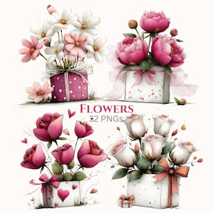 May include: Watercolour illustrations of floral arrangements in gift boxes. The image features various flowers, including pink peonies, roses, and daisies, arranged in decorative boxes with ribbons and bows. The text "FLOWERS 32 PNGs" is also present.