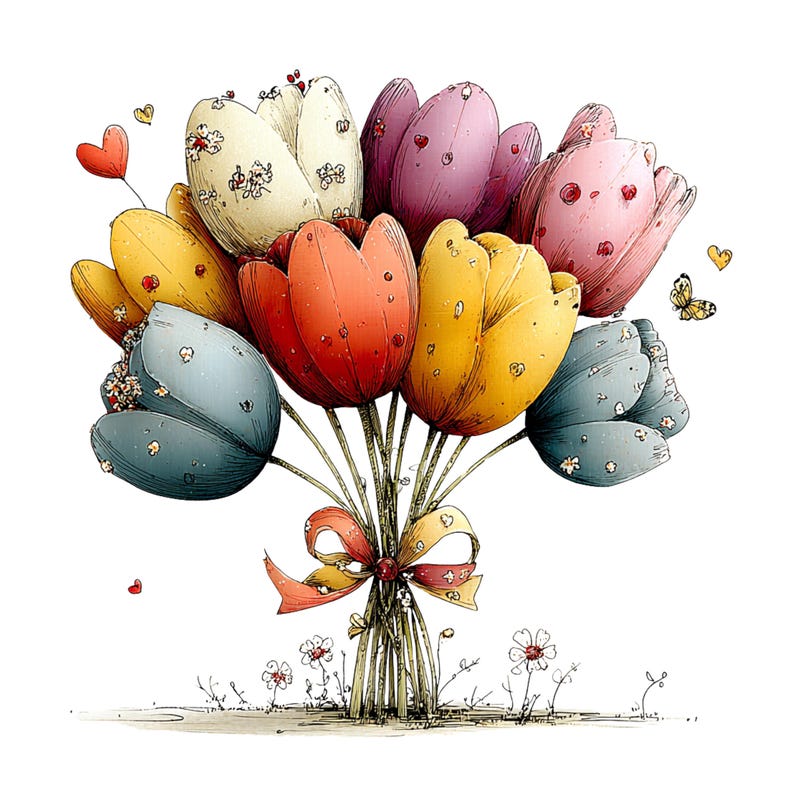 Spring Tulip Flowers Clipart: Whimsical Floral Graphics (Digital Download - 24 PNGs)

A whimsical tulip flowers clipart illustration bursting with playful elegance and fairy-tale charm. The tulips stand tall with gently swaying stems, their rounded petals curling and overlapping in exaggerated, storybook shapes