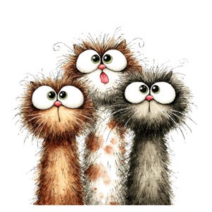 Puede incluir: Una ilustraci&oacute;n de tres gatos peludos con ojos grandes y narices rosas. El gato de la izquierda es marr&oacute;n, el central es blanco con manchas marrones y el de la derecha es gris oscuro. Los tres tienen pelaje desordenado y bigotes largos.