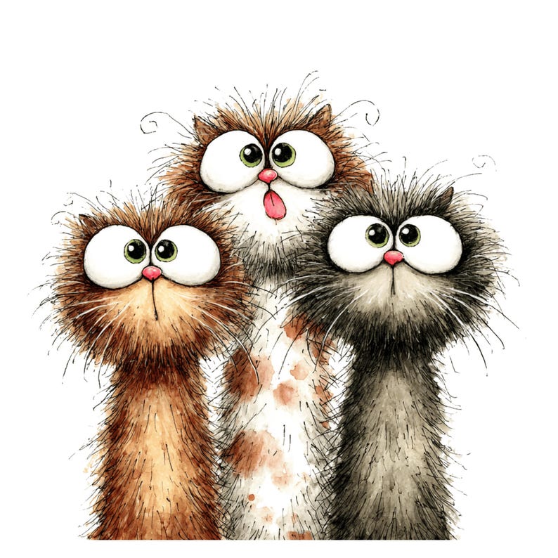 Puede incluir: Una ilustraci&oacute;n de tres gatos peludos con ojos grandes y narices rosas. El gato de la izquierda es marr&oacute;n, el central es blanco con manchas marrones y el de la derecha es gris oscuro. Los tres tienen pelaje desordenado y bigotes largos.