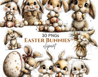 Op de afbeelding: Een digitale illustratie met verschillende schattige paashazen in verschillende poses. Sommige konijntjes houden versierde eieren vast, andere zitten in manden of houden wortels vast. De tekst "30 PNGs Easter Bunnies clipart" is inbegrepen.