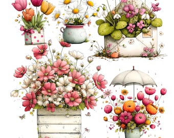Clipart printemps fleurs roses : graphiques floraux fantaisistes (téléchargement numérique - 28 fichiers PNG)
