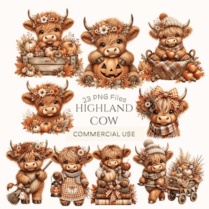 Può includere: Una collezione di illustrazioni con soffici mucche Highland in ambientazioni autunnali con zucche, foglie, sciarpe a quadri, cappelli e lanterne. Il testo recita 23 PNG Files HIGHLAND COW COMMERCIAL USE, presentato in un layout chiaro e ordinato.