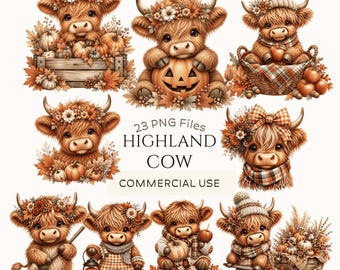 Highland Cow Fall Clipart Bundle: Autumn Cow PNGs, Cute Halloween Clipart, Rustic Farm Animal Graphics (Digital Download - 23 PNGs)