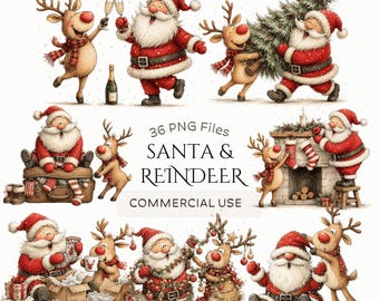 Christmas Clipart: Santa & Reindeer Graphics - Whimsical Winter Holiday Images  (Digital Download - 36 PNGs)