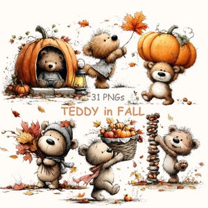Teddy Bear Fall Clipart: Watercolor Autumn Animals, Pumpkins, Leaves (Digital Download)