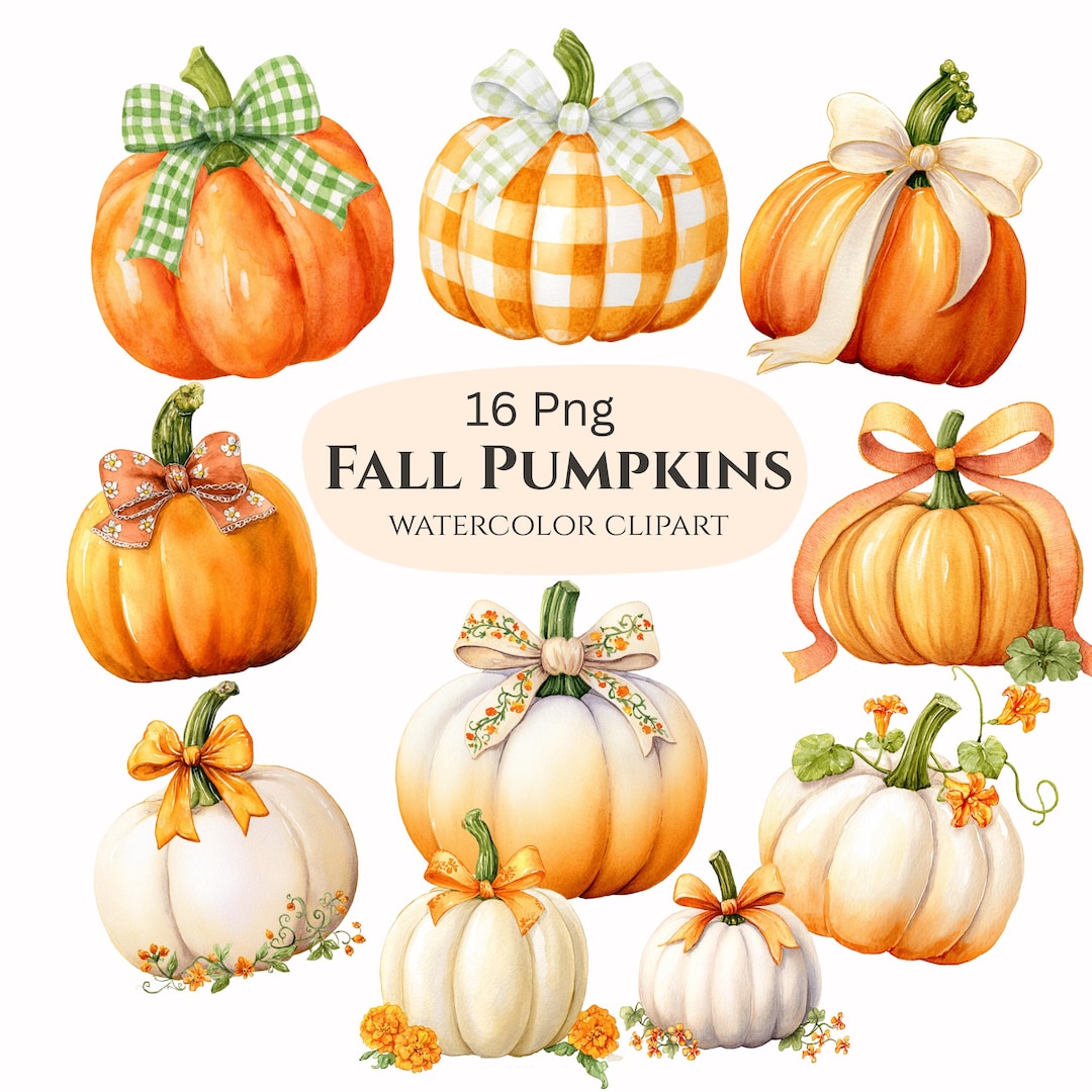 Watercolor Pumpkin Clipart Bundle: Gingham & Bows, Autumn PNG Set ...