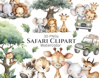 Safari Animals Watercolor Clipart: Jungle Zoo PNG (Digital Download - 31 PNGs)