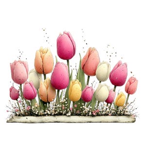 Spring Tulip Flowers Clipart: Whimsical Floral Graphics (Digital Download - 24 PNGs)

A whimsical tulip flowers clipart illustration bursting with playful elegance and fairy-tale charm. The tulips stand tall with gently swaying stems, their rounded petals curling and overlapping in exaggerated, storybook shapes