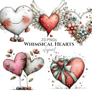 Puede incluir: Una colección de imágenes prediseñadas en forma de corazón caprichosas. Los corazones están decorados con alas, flores, lazos y otros adornos. Se muestra el texto "23 PNGs WHIMSICAL HEARTS clipart".