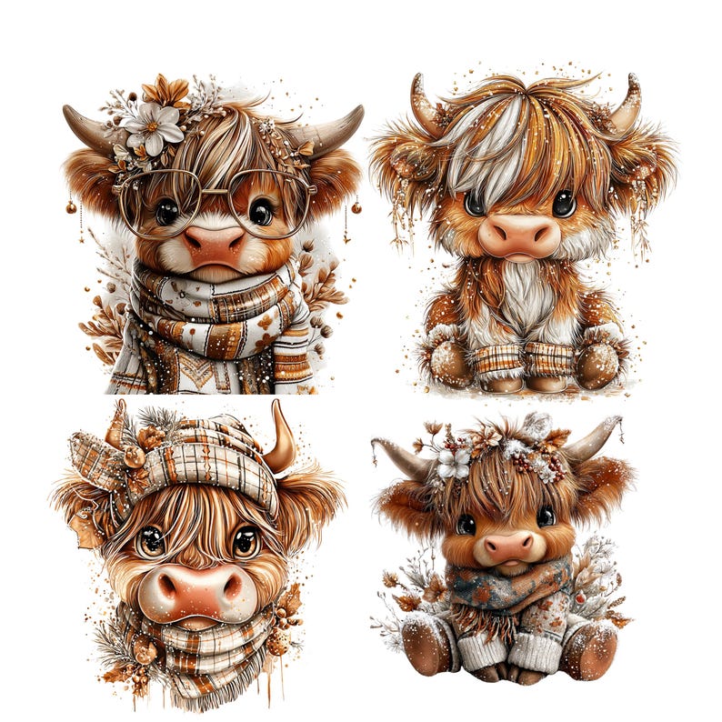 Highland Cow Christmas Clipart: Sweet Festive Holiday Graphics (Digital Download - 23 PNGs)

Celebrate the magic of the holidays with this delightful collection of 23 whimsical Highland cow illustrations, lovingly crafted to bring cozy Christmas charm to your creative projects! 🐮🎄

Each illustration features adorable Highland cows in festive winter scenes — think cozy scarves, Santa hats, twinkling lights, snowflakes, and rustic farm touches. The soft watercolor style add a warm, rustic charm