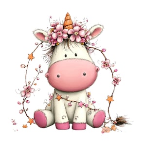 May include: A charming illustration of a seated unicorn with a white body, pink snout, and hooves. The unicorn is decorated with a floral crown, star-shaped accents, and flowering vines. The background is white.