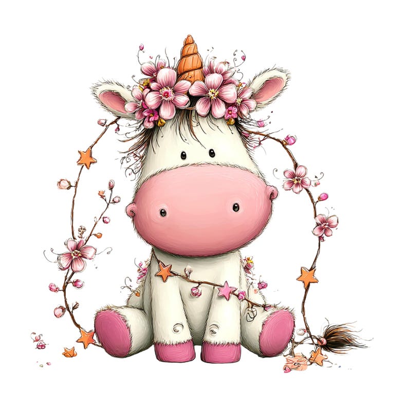 May include: A charming illustration of a seated unicorn with a white body, pink snout, and hooves. The unicorn is decorated with a floral crown, star-shaped accents, and flowering vines. The background is white.