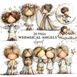 以下が含まれることがあります： 水彩画のクリップアートで、気まぐれな天使のイラストが特徴です。画像には、ハープ、バイオリン、ろうそく、ハートなどのアイテムを持っている、翼のあるさまざまな天使が含まれています。「28 PNGs WHIMSICAL ANGELS clipart」というテキストも表示されています。