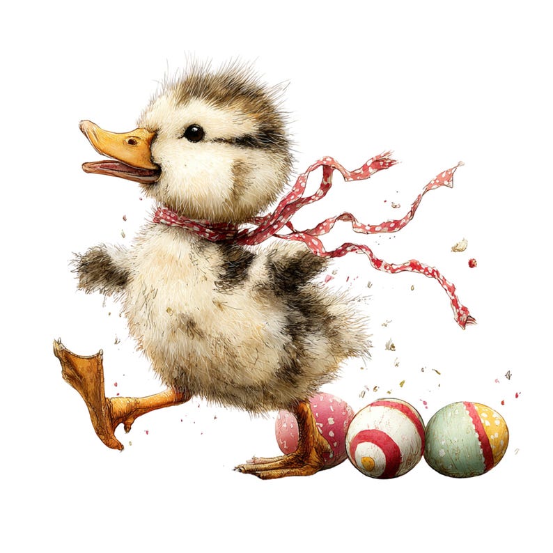 May include: A watercolor illustration of a fluffy duckling running with a red polka-dot scarf and three decorated Easter eggs. The duckling has brown and white feathers and an open beak.