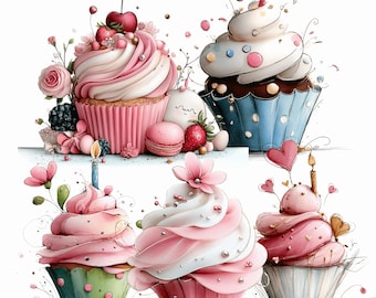 Könnte beinhalten: Illustration von mehreren Cupcakes mit rosa und weißem Zuckerguss, verziert mit Kirschen, Beeren, Blumen und Kerzen. Die Cupcakes befinden sich in rosa, blauen und grünen Papierförmchen, vor weißem Hintergrund.
