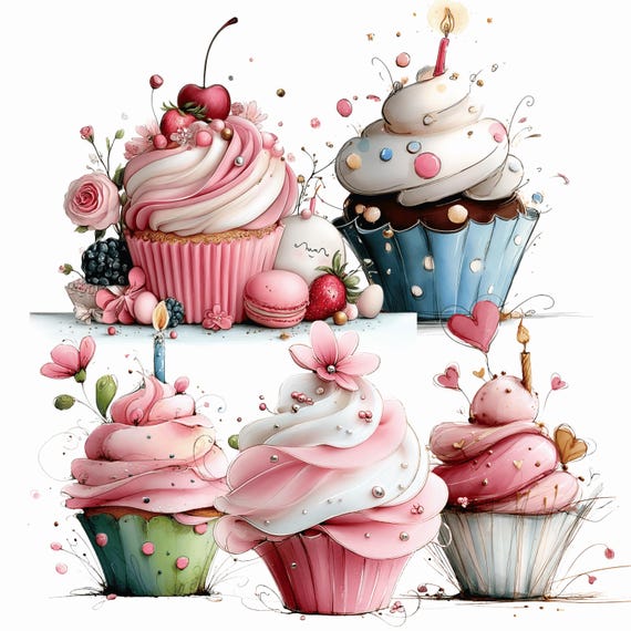 Birthday Cupcake Clipart Bundle: Whimsical Cake Graphics (Digital Download - 18 PNGs)