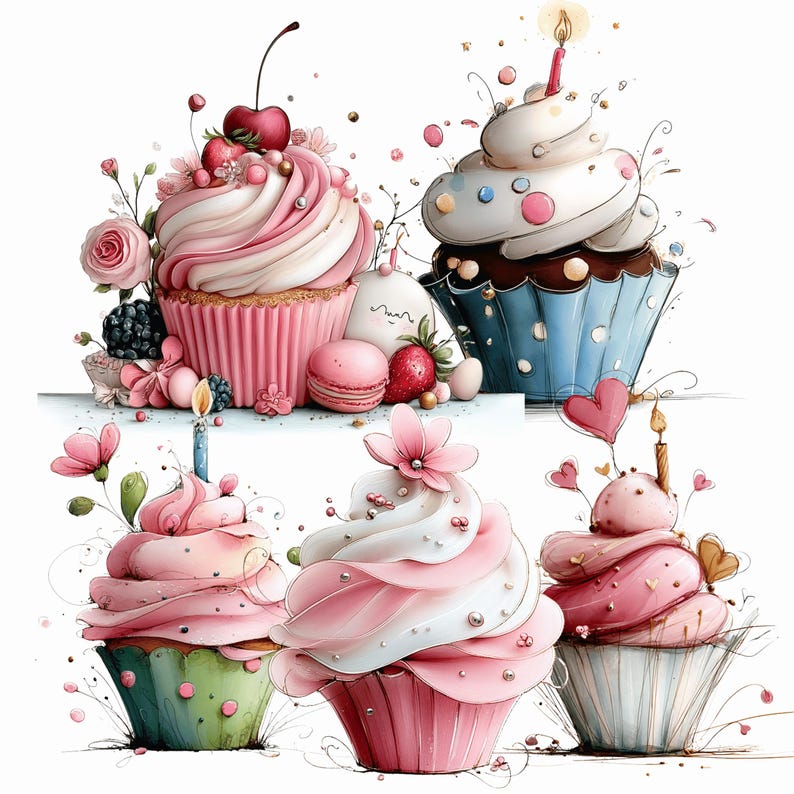 Birthday Cupcake Clipart Bundle: Whimsical Cake Graphics (Digital Download - 18 PNGs)

Birthday Cupcake Clipart Bundle featuring a delightful collection of whimsical cake graphics designed to bring sweetness and fun to any project. The bundle includes a variety of cupcake styles with playful frosting swirls, decorative sprinkles, and charming details, all illustrated in a cute, cartoon-inspired style. Bright colors, soft shading, and clean outlines give these cupcakes a joyful, celebratory look