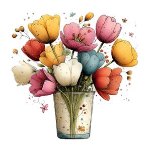 Puede incluir: Ilustraci&oacute;n en acuarela de un vibrante ramo de tulipanes en un jarr&oacute;n de cristal transparente. Los tulipanes son en tonos de amarillo, rosa, rojo, blanco y azul. Peque&ntilde;as mariposas y puntos est&aacute;n dispersos alrededor de las flores.