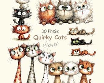 Quirky Cats Clipart PNG: Cute Cartoon Cat Illustrations, Funny Cat Pet Clipart for Crafts & Stickers (Digital Download - 30 PNGs)
