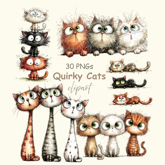 Quirky Cats Clipart PNG: Cute Cartoon Cat Illustrations, Funny Cat Pet Clipart for Crafts & Stickers (Digital Download - 30 PNGs)