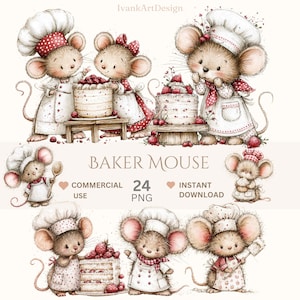 Può includere: Illustrazione di simpatici topi dei cartoni animati vestiti da fornai, che decorano torte con fragole. L'immagine include il testo "Baker Mouse", "Commercial Use", "24 PNG" e "Instant Download". I topi indossano cappelli da chef e grembiuli.