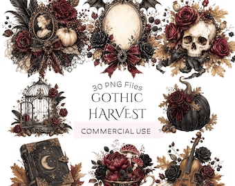 Gothic Harvest Clipart: Dark Victorian Autumn Graphics, Vintage Halloween PNGs, Witchy Floral Graphics (Digital Download - 26 PNGs)