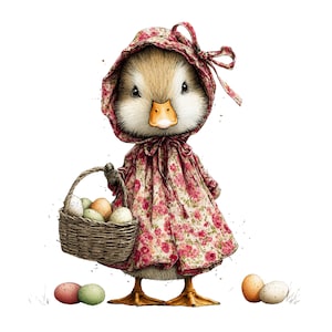 May include: A charming illustration of a duckling wearing a floral dress and bonnet, holding a basket of Easter eggs. The duckling has a yellow beak and feet. Several colorful eggs are scattered around the duckling.
