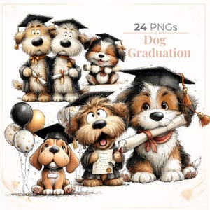 Puede incluir: Ilustración digital de perros de dibujos animados con atuendos de graduación. Los perros llevan birretes y togas, algunos sosteniendo diplomas. La imagen incluye globos y el texto "24 PNGs Dog Graduation."