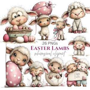 Easter Lamb Clipart: Whimsical Graphics (Digital Download - 26 PNGs)

This whimsical lambs Easter clipart collection features sweet, fluffy lambs illustrated in a charming storybook style. Each lamb is drawn with soft textures, expressive faces, and adorable poses that capture the innocence and joy of springtime. Surrounded by classic Easter elements—decorated eggs, blooming flowers, pastel ribbons, and gentle seasonal accents—the illustrations bring a warm and playful feel to any project.
