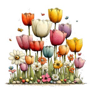 Spring Tulip Flowers Clipart: Whimsical Floral Graphics (Digital Download - 24 PNGs)

A whimsical tulip flowers clipart illustration bursting with playful elegance and fairy-tale charm. The tulips stand tall with gently swaying stems, their rounded petals curling and overlapping in exaggerated, storybook shapes