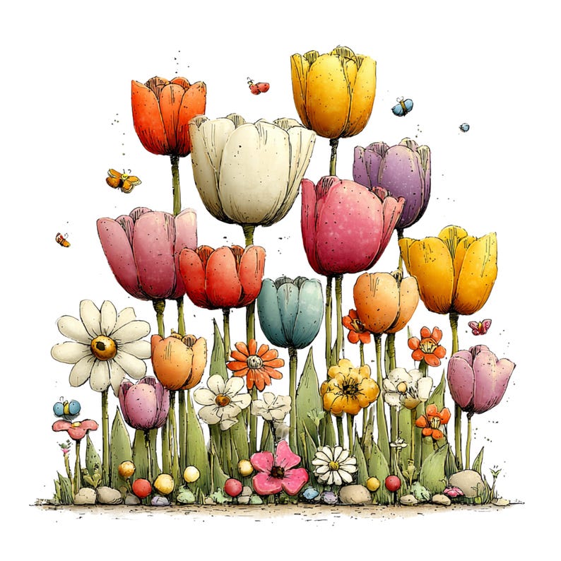 Spring Tulip Flowers Clipart: Whimsical Floral Graphics (Digital Download - 24 PNGs)

A whimsical tulip flowers clipart illustration bursting with playful elegance and fairy-tale charm. The tulips stand tall with gently swaying stems, their rounded petals curling and overlapping in exaggerated, storybook shapes