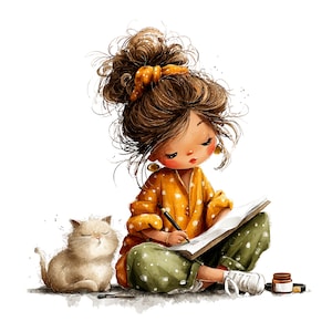 Whimsical Girl and Cat Love Clipart: Nursery Graphics (Digital Download - 24 PNGs)

A charming collection of clipart illustrations featuring a sweet, wide-eyed girl and her cute cat friend. Each illustration is designed with gentle lines, soft shading, and a dreamy, enchanted feel—perfect for children’s décor, invitations, stickers, scrapbooking, and nursery art.