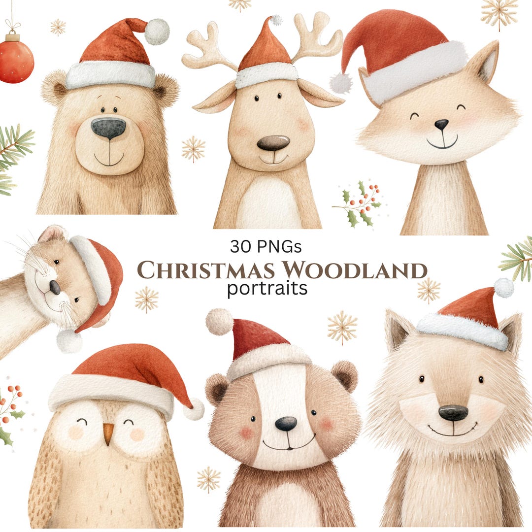 Watercolor Christmas Woodland Portraits Clipart: Cute Holiday Forest ...