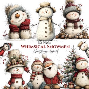 May include: A selection of whimsical snowman illustrations. Each snowman is wearing winter clothing, such as hats, scarves, and mittens. The image includes the text "30 PNGs WHIMSICAL SNOWMEN Christmas clipart". The snowmen have smiling faces and are surrounded by festive elements.