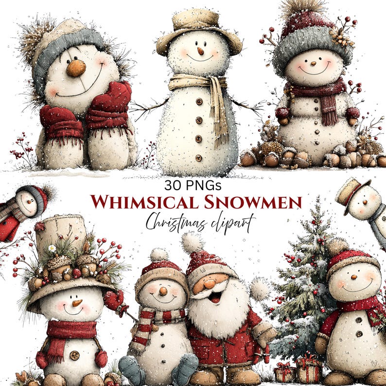 Whimsical Christmas Snowman Clipart: Festive Holiday Graphics (Digital Download - 30 PNGs)

A collection of whimsical Christmas snowmen, each bursting with holiday cheer and playful charm. These snowmen feature joyful expressions, festive hats, and delightful details like berries, icicles, and ornaments. Perfect for holiday cards, invitations, scrapbooking, crafts, or digital designs, these magical snowmen bring warmth, fun, and a storybook feel to any Christmas project.