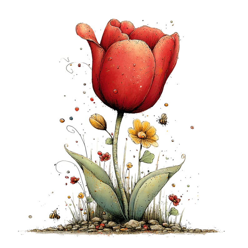 Spring Tulip Flowers Clipart: Whimsical Floral Graphics (Digital Download - 24 PNGs)

A whimsical tulip flowers clipart illustration bursting with playful elegance and fairy-tale charm. The tulips stand tall with gently swaying stems, their rounded petals curling and overlapping in exaggerated, storybook shapes