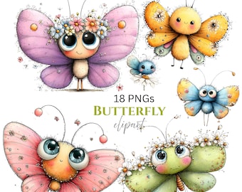 Cartoon Butterfly Flower Clipart: Blue Purple Yellow Graphics - (Digital Download - 18 PNGs)