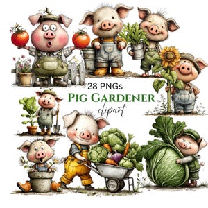May include: A collection of 28 PNG clipart images featuring cartoon pigs in a garden setting. The pigs are depicted with gardening tools, vegetables, and flowers. The text "PIG GARDENER clipart" is also included.