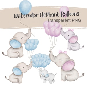 Baby Elephant holding Balloons Clipart, watercolor cute baby elephant png boy girl, elephant blue pink baby shower birthday Digital Download