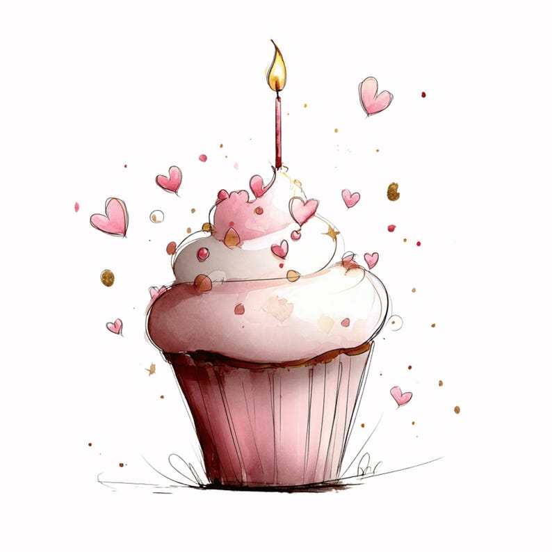 May include: A watercolour illustration of a cupcake with pink frosting, decorated with heart-shaped sprinkles. A lit candle sits on top, with small hearts and gold flecks scattered around. The cupcake is in a pink paper cup.